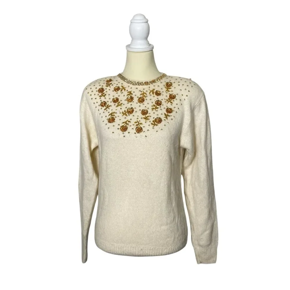 Worthington Vintage Silk, Angora & Lambswool Ivory Knit Sequin Sweater Women's M